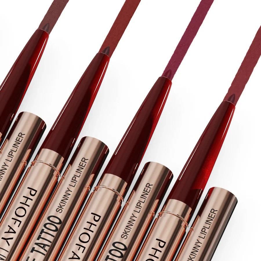 Close-up of a premium waterproof lipliner in a silver casing, a must-have makeup essential for a polished and long-lasting lip look.