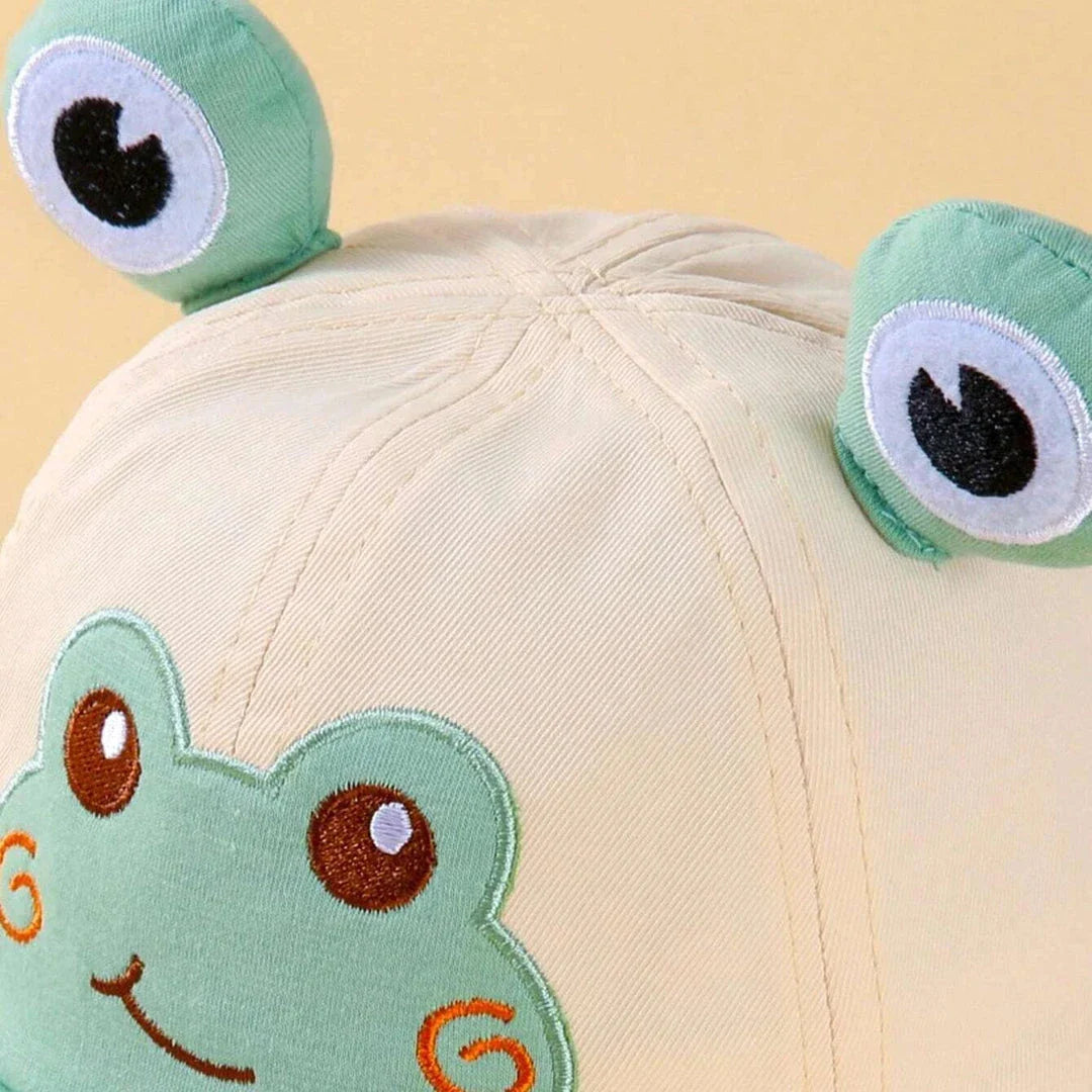Charming frog-themed baby sun hat made from soft, breathable cotton with UPF 50+ sun protection