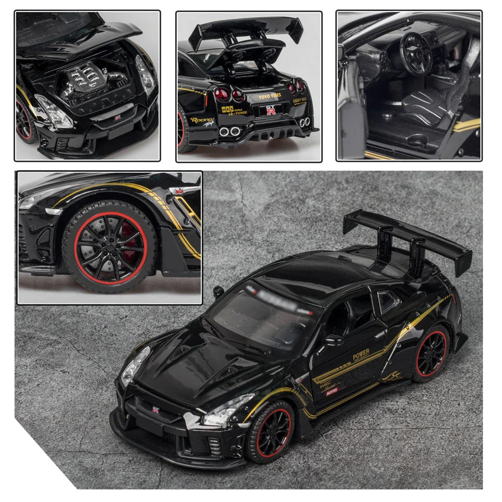Premium 1:32 scale diecast model of the iconic Skyline R34 and R35 sports car, featuring detailed construction, interactive elements, and authentic design.
