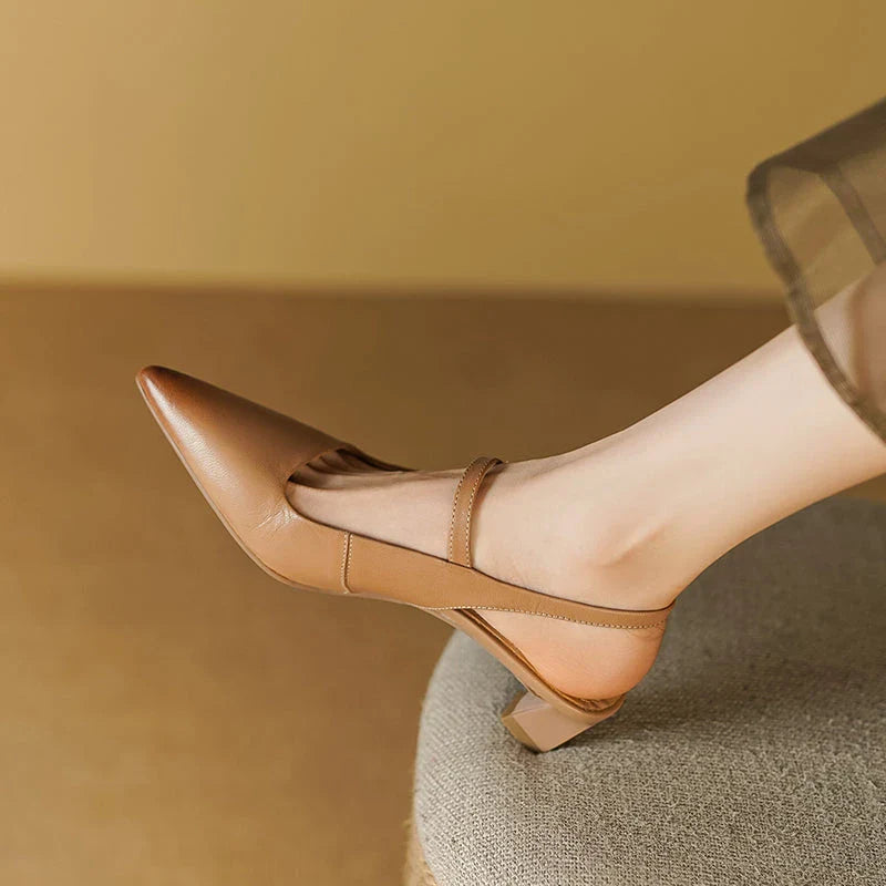 Elegant women's high heel sandals made from genuine leather with a stylish square heel and buckle strap closure