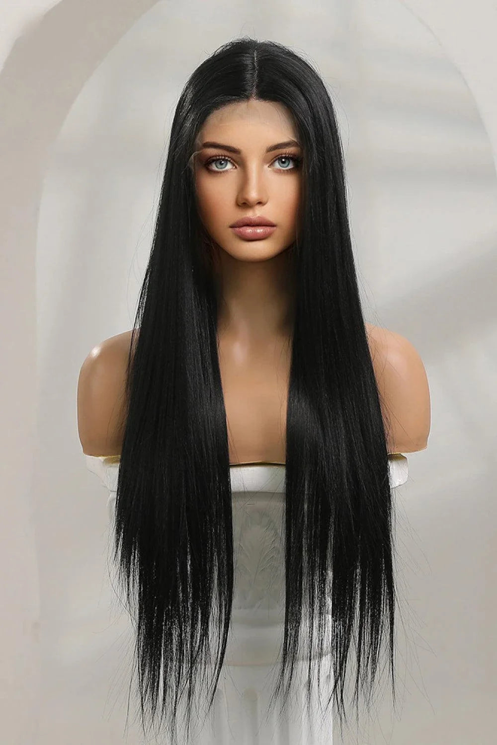 Stylish 13*2 inch lace front straight synthetic wig in black, 26 inch length, 150% density