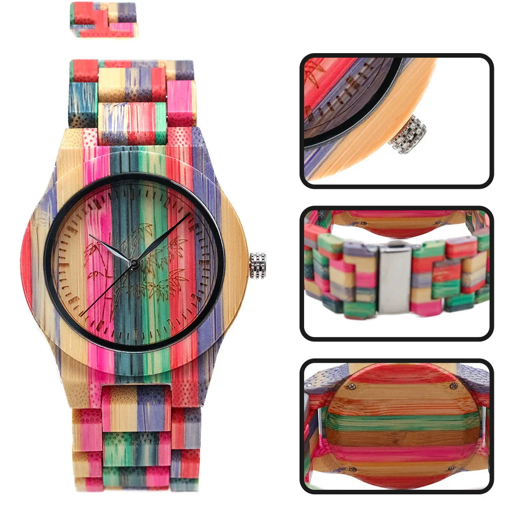Stylish quartz watch with bamboo wood case and strap in a vibrant colourway