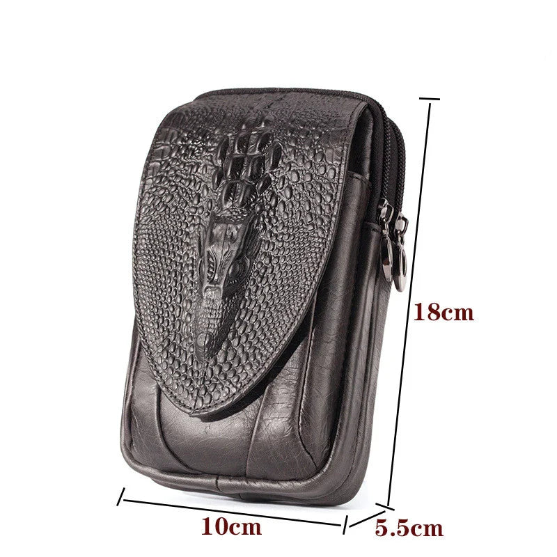 Premium cowhide leather men's mobile phone pouch in vertical design with multiple interior compartments