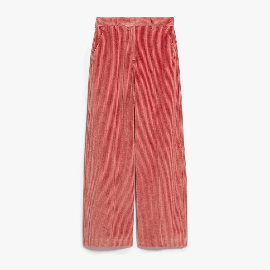 A pair of high-waist, wide-leg corduroy trousers in a classic red colour, designed for the modern British woman's wardrobe.