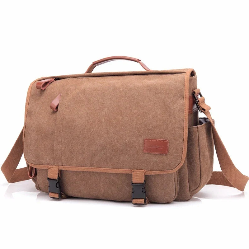 Men's canvas waterproof shoulder bag with 17-inch laptop compartment, durable and weather-resistant design