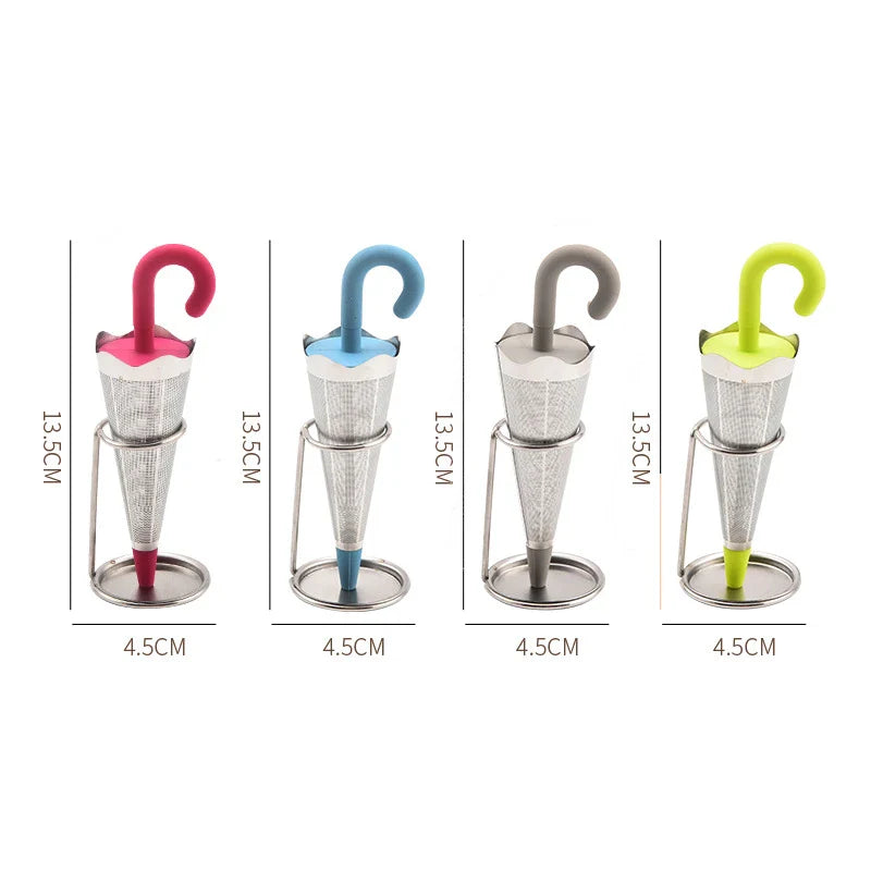Silicone and stainless steel tea strainer with an umbrella-inspired design, available in various colours