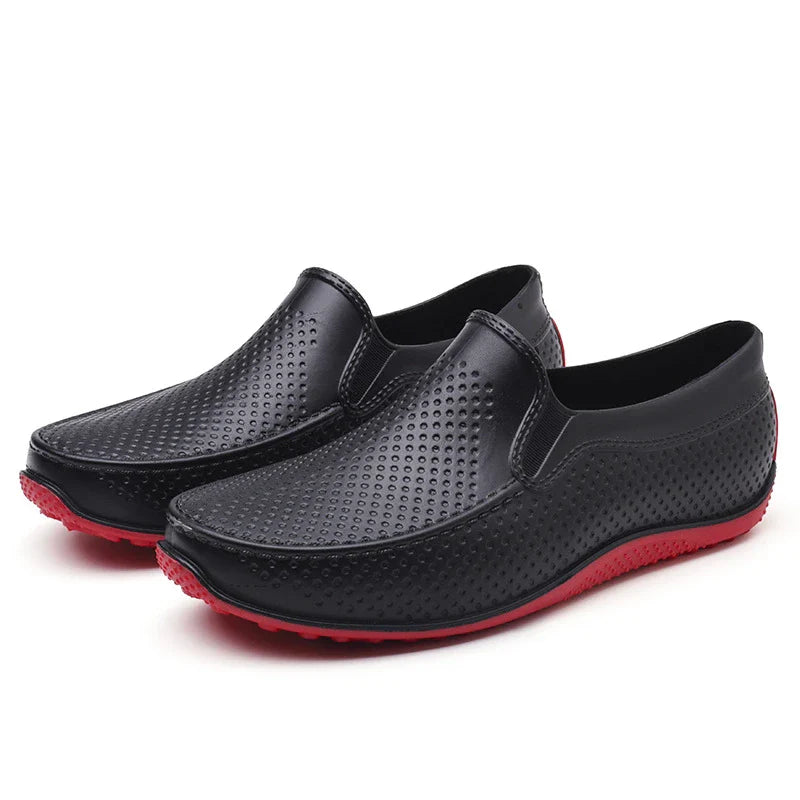 Premium waterproof men's short rain boots in various classic colours, including black, black and red, and dark blue