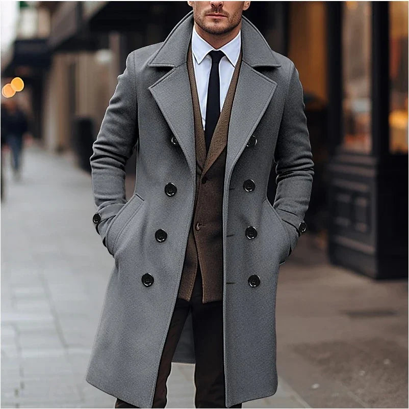 Premium double-breasted woollen men's coat in dark grey, perfect for British winters