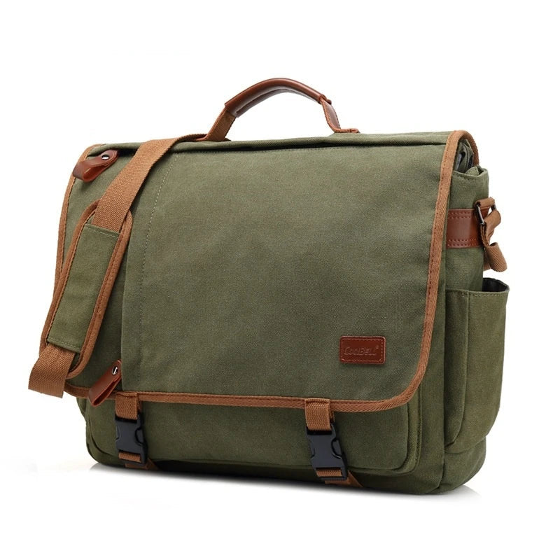 Men's canvas waterproof shoulder bag with 17-inch laptop compartment, durable and weather-resistant design