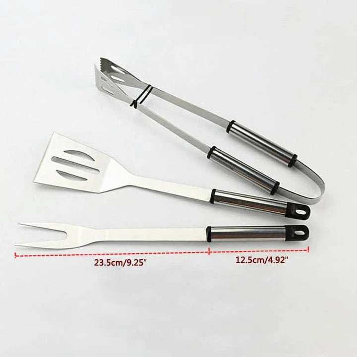 Premium Stainless Steel BBQ Tool Set with Fork, Tongs, and Shovel - Durable, Heat Resistant, and Easy to Clean
