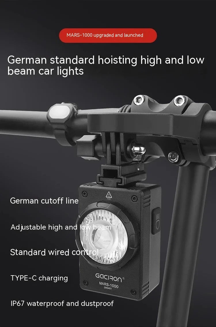 Premium German-engineered bicycle headlight with 1000-lumen output, IPX67 waterproof rating, and sleek design for safe nighttime cycling