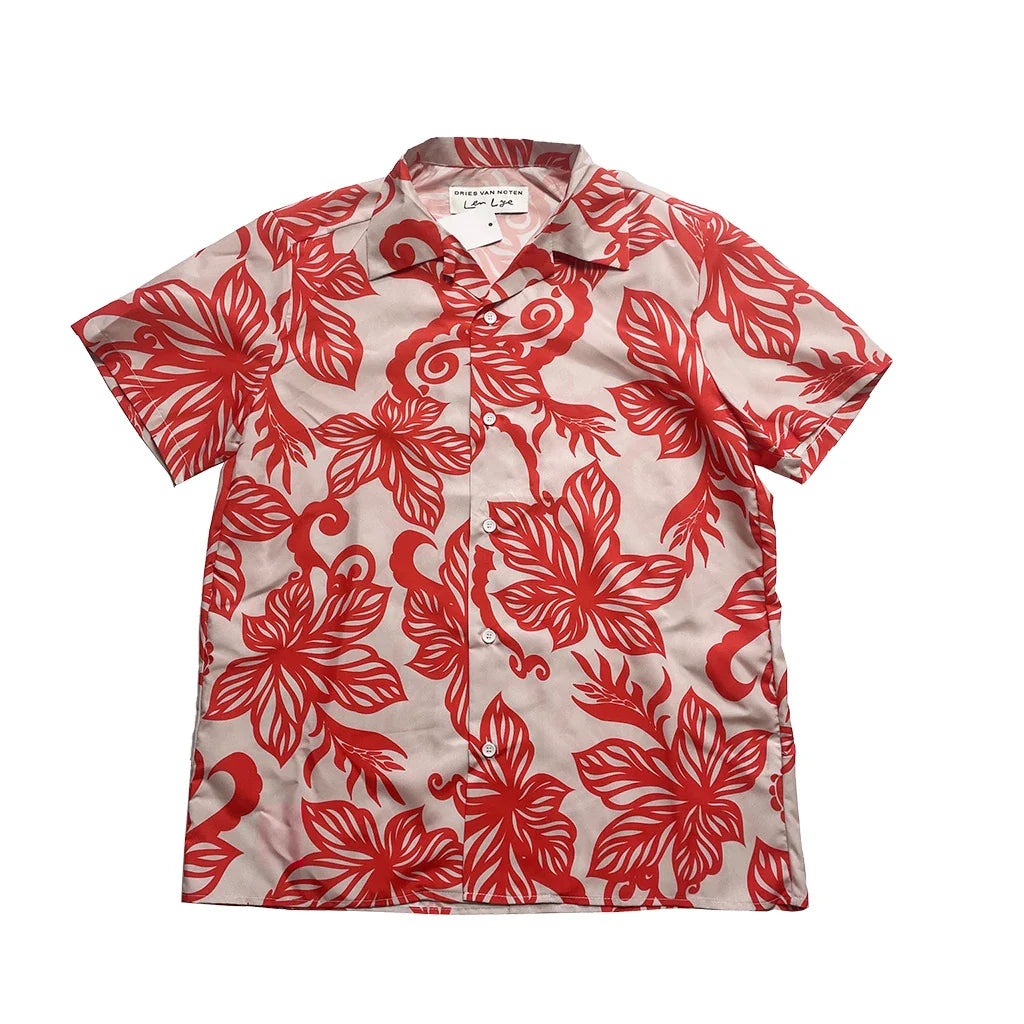 A stylish, short-sleeved shirt in a vibrant red colour with a delightful vine print pattern, perfect for casual or smart-casual occasions.