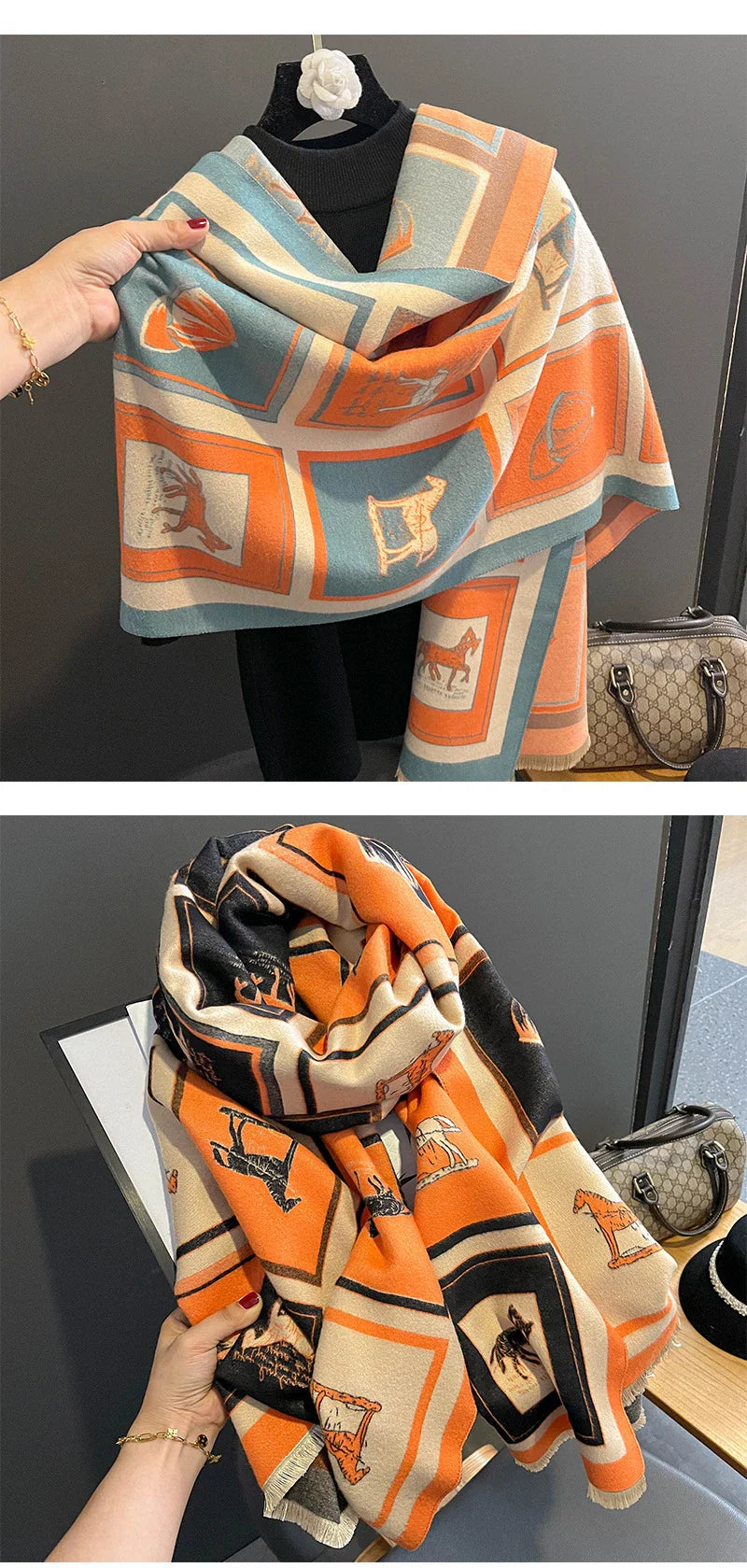 Luxurious artificial cashmere scarf in vibrant colours, perfect for keeping warm or cool with its dual-use design.