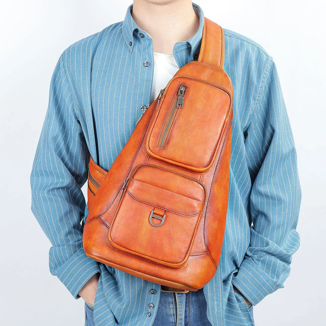 Premium cowhide messenger bag with brushed skeleton-skin design, large capacity, and adjustable shoulder strap