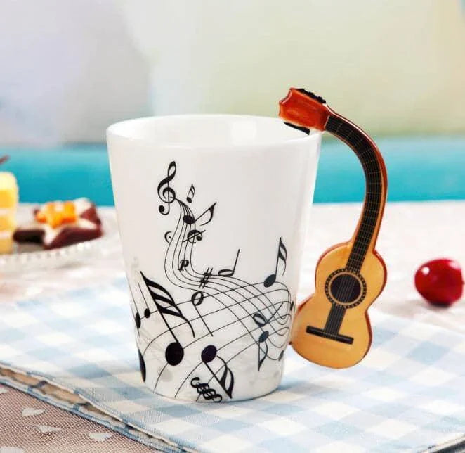Premium eco-friendly ceramic mug with unique musical instrument-themed designs, a charming and sustainable addition to any kitchen.