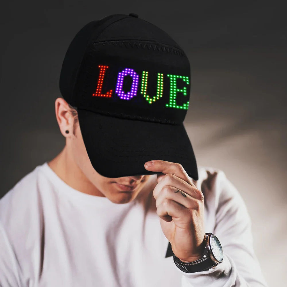 Rechargeable Bluetooth Soft Screen Hat with Flexible LED Display in Black