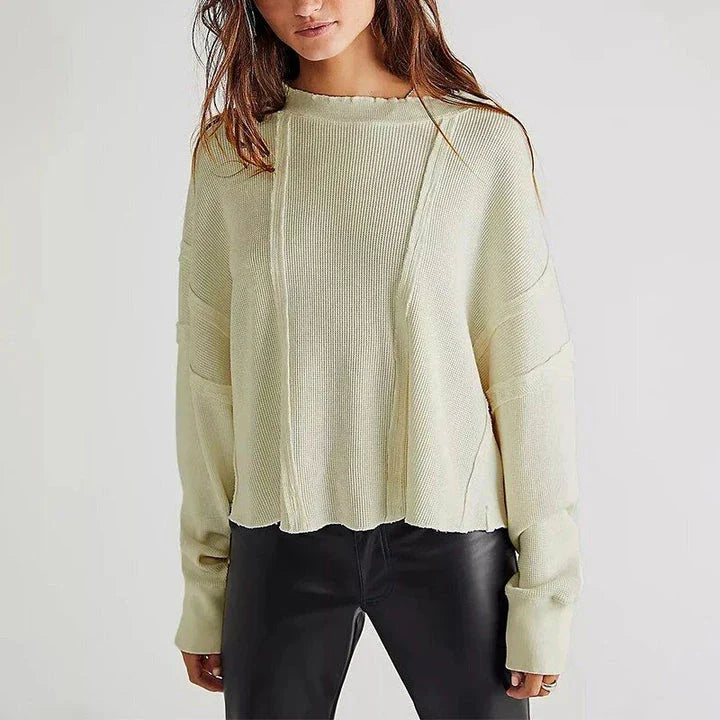 Chic cotton sweatshirt for women featuring a unique patchwork design, classic O-neck collar, and full-length sleeves for cosy comfort and fashion-forward style.