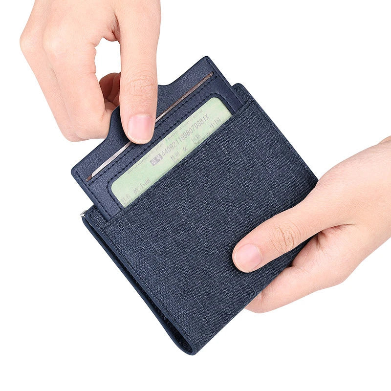 Personalized youth creative card bag wallet in denim material with two-fold design and multiple storage compartments