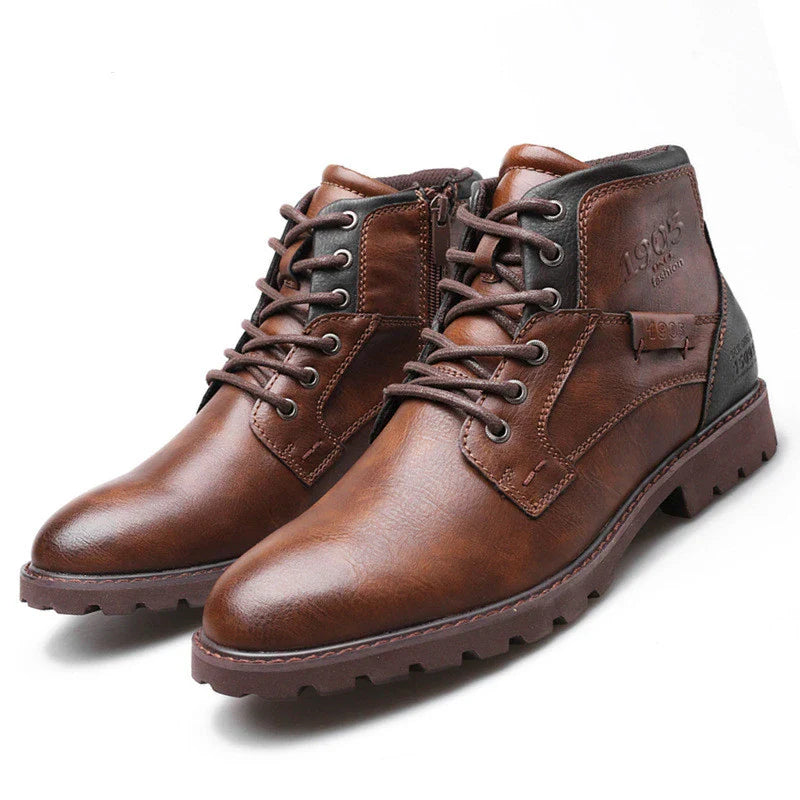 Vintage-inspired Martin boots with artificial PU upper and beef tendon sole, featuring a round toe and horseshoe heel design