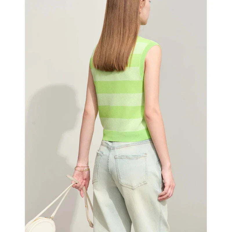 Chic Summer Knit Sleeveless Sweater in a neutral striped pattern, offering a comfortable and stylish option for warm weather wear.