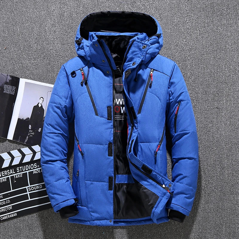 Men's premium white duck down insulated winter jacket with multiple pockets, adjustable hood and cuffs, designed for warmth and style.