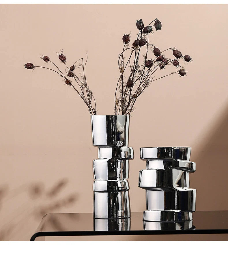 Electroplated silver glass vase with a modern, geometric design for home decor