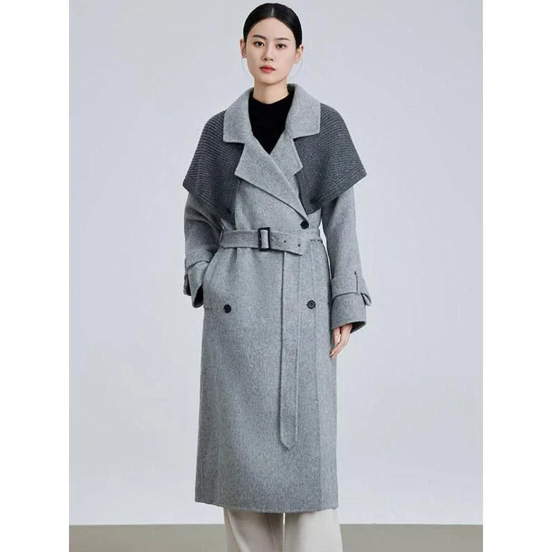 Stylish patchwork woollen blazer with belt in multiple sizes, perfect for spring wear