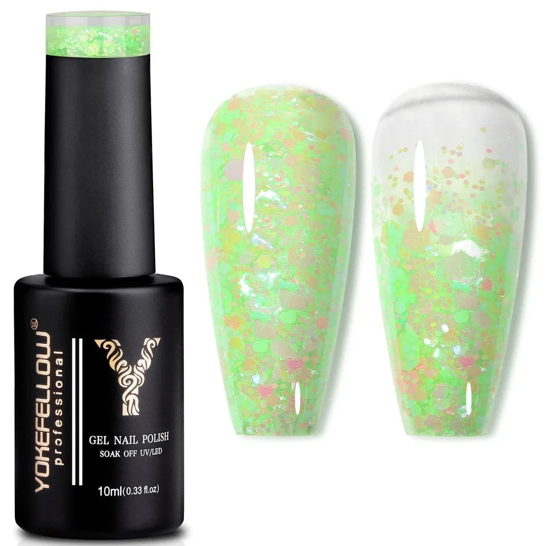 Sparkling pink gel nail polish with glitter sequins for a dazzling manicure