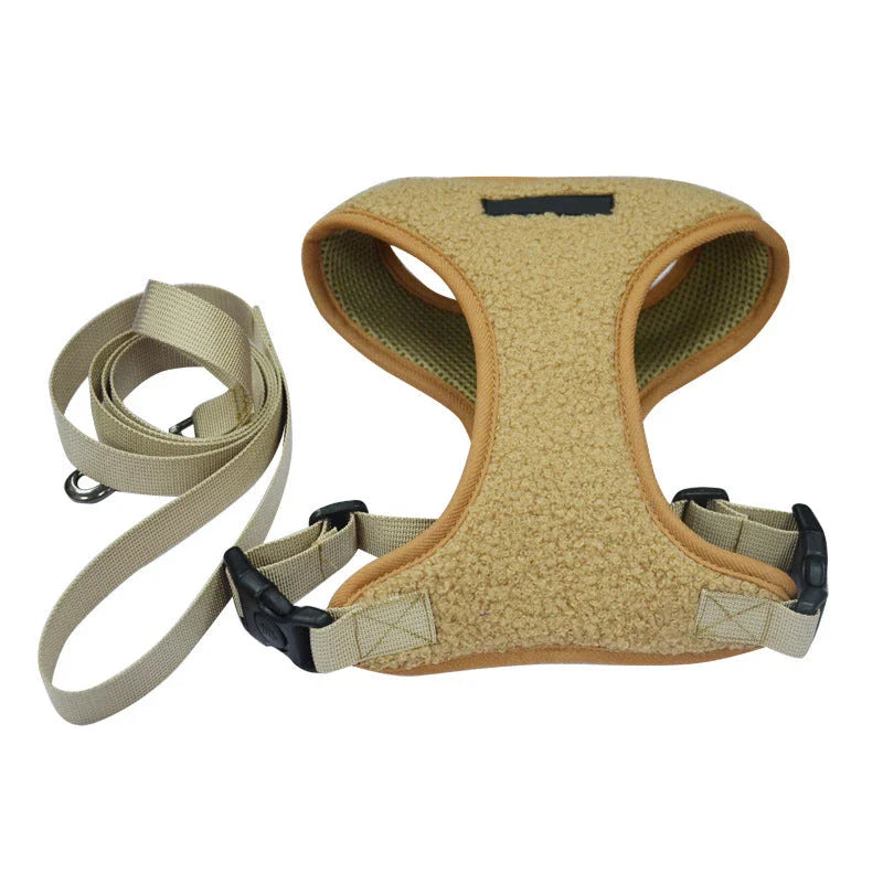 Adjustable breathable fleece dog harness and leash set in various sizes and colours