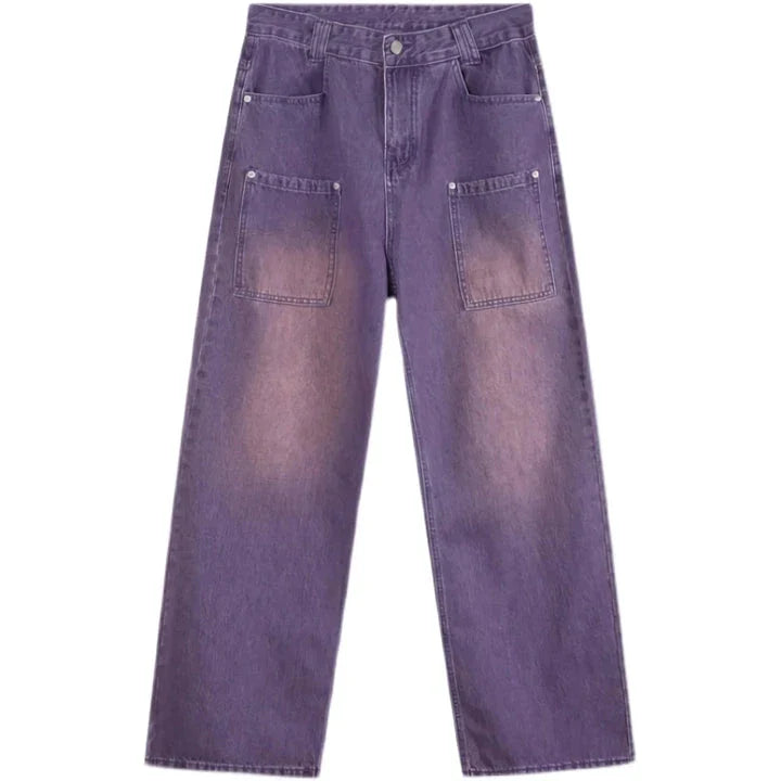 Stylish high-waist purple wide-leg jeans with elegant button details and a premium denim design
