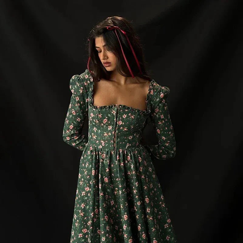 Elegant plaid a-line midi dress with square collar, backless design, and flattering empire waistline