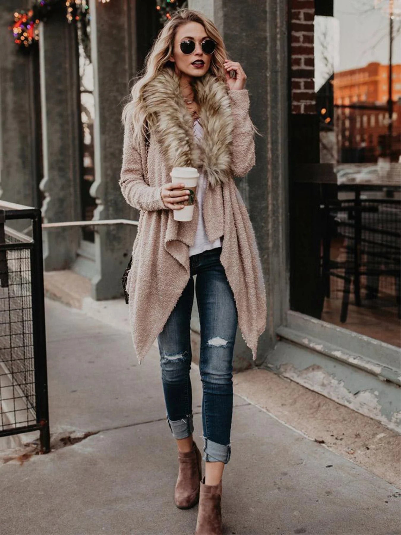 Premium plush trench coat with luxurious fur collar in khaki colour, perfect for transitional British weather