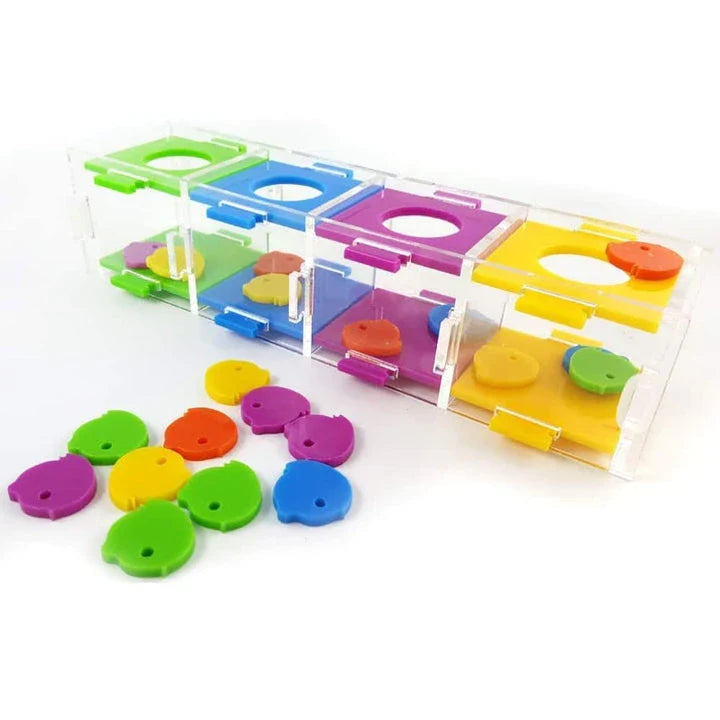 Colourful and engaging puzzle toy designed to stimulate a parrot's cognitive abilities and problem-solving skills