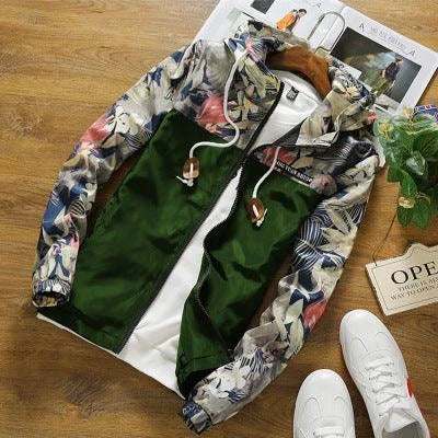 Men's slim-fit hooded jacket with camouflage print, zippered pocket, and premium chemical fibre blend fabric
