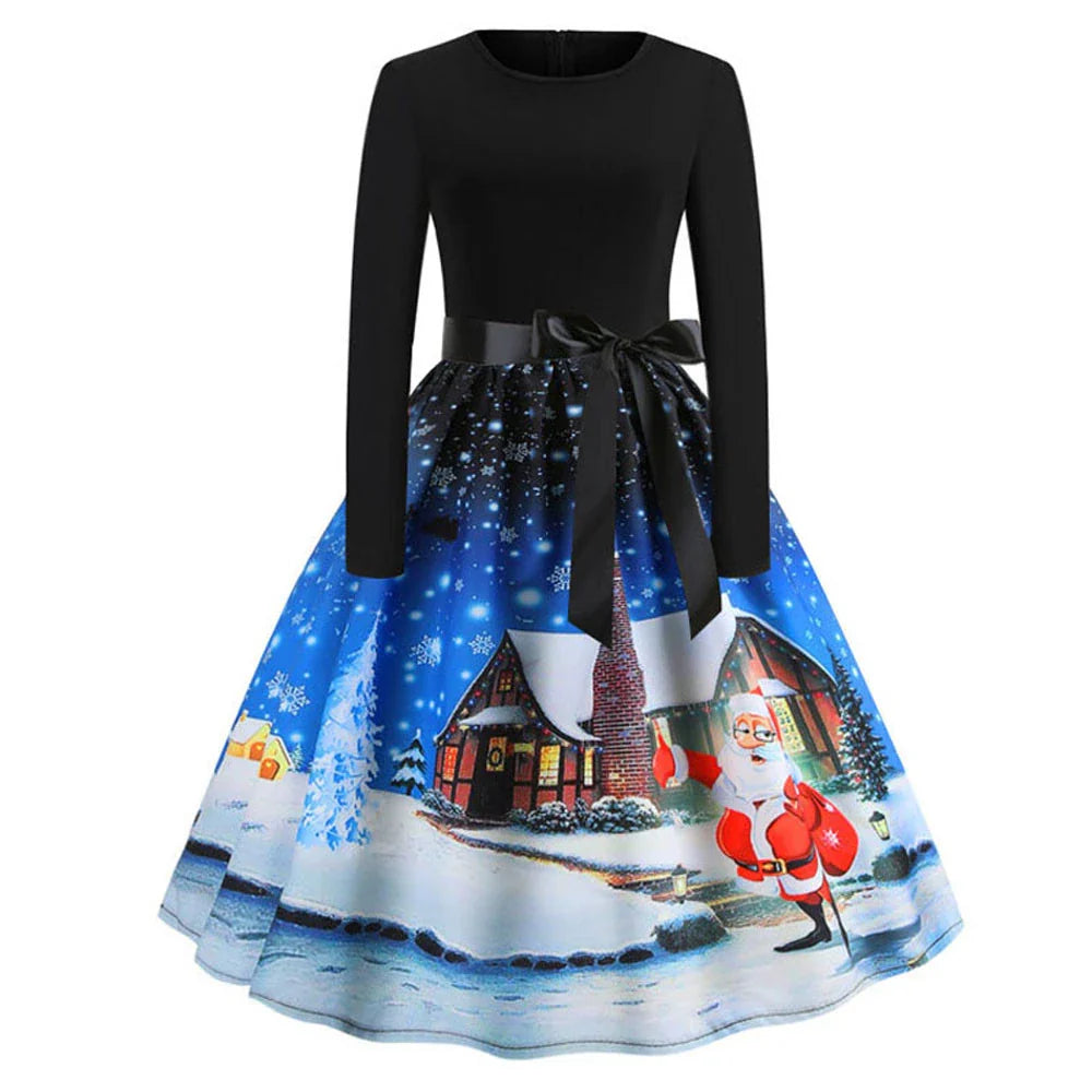 A festive, vintage-inspired Christmas dress with a vibrant retro print, flowing swing skirt, and long sleeves for a timeless, feminine look.