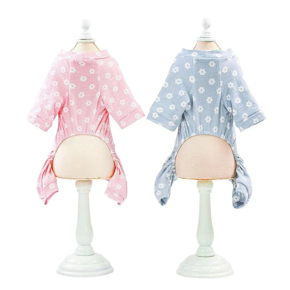 Floral cotton dog jumpsuit in blue and pink hues, providing comfort and style for your canine companion