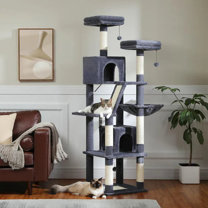 Impressive 180cm tall multi-level cat tree tower with multiple platforms, scratching posts, and cosy napping spots for cats