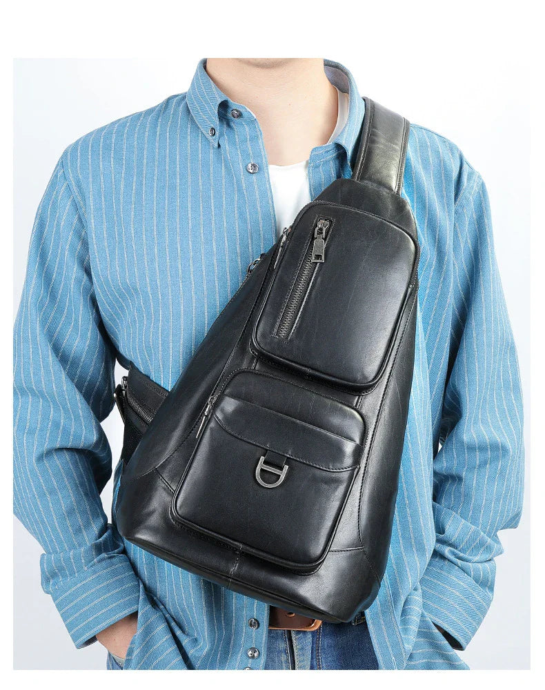 Premium cowhide messenger bag with brushed skeleton-skin design, large capacity, and adjustable shoulder strap