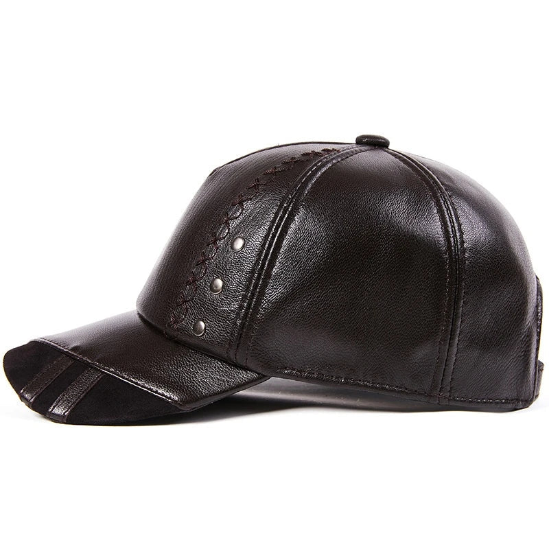 Premium genuine leather British baseball cap in black and brown colours, featuring an adjustable free-size design and dome-shaped crown