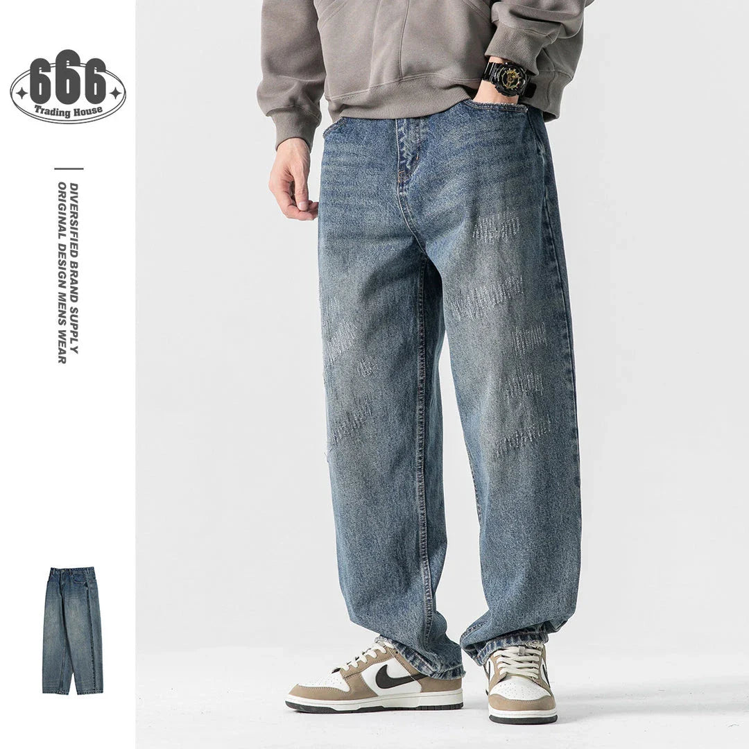 Autumn New Retro Loose Jeans in dark blue colour with straight-leg silhouette and premium cotton fabric