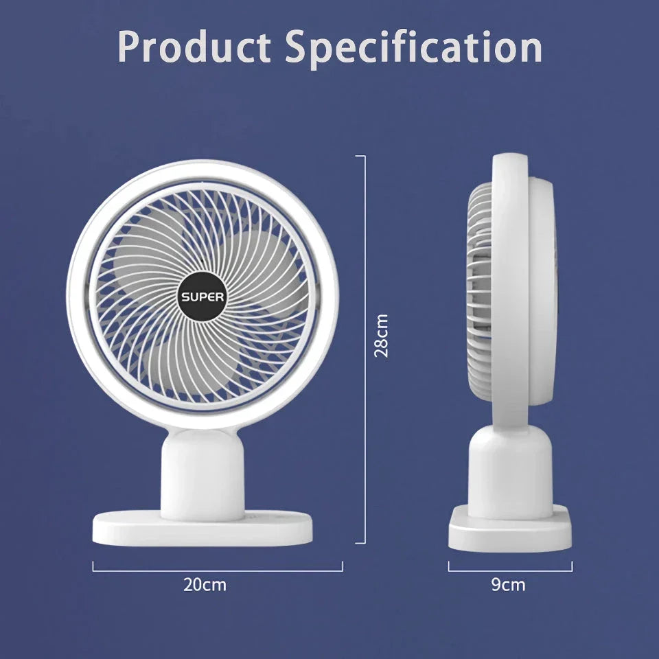 Compact USB-powered desk fan with three-speed airflow and built-in lighting for versatile workspace cooling and illumination