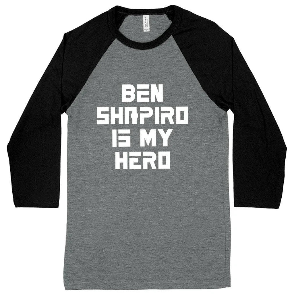 Premium Ben Shapiro baseball-style t-shirt in white and navy colours, featuring contrast raglan sleeves and side-seam detailing for a tailored fit