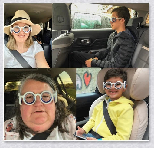 Anti-Motion Sickness Glasses with Boarding Ring technology for relief from nausea, dizziness, and vertigo during travel by car, boat, or plane