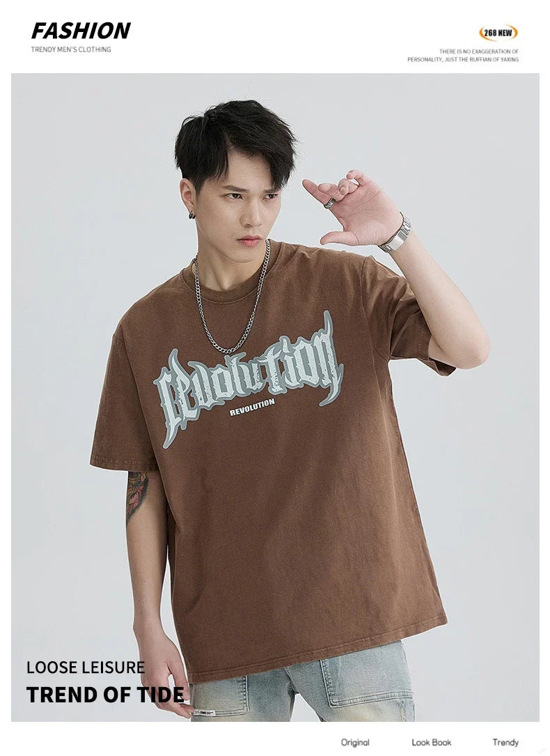 Premium vintage-inspired short-sleeved t-shirt in a distressed black colour, made of soft pure cotton fabric