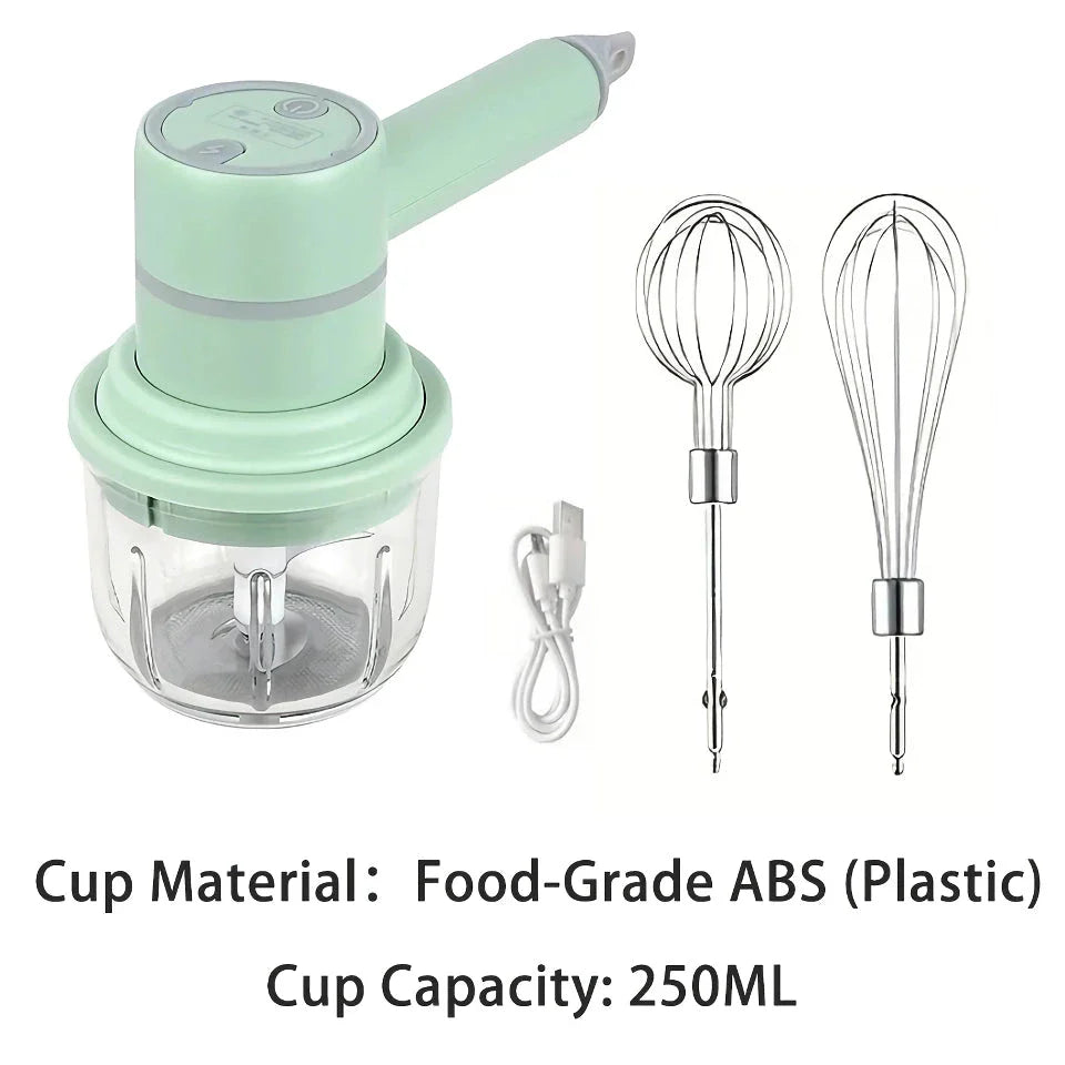 Versatile 3-in-1 Wireless Egg Beater and Garlic Chopper - Powerful 20W Motor, 3 Speed Settings, Rechargeable Design