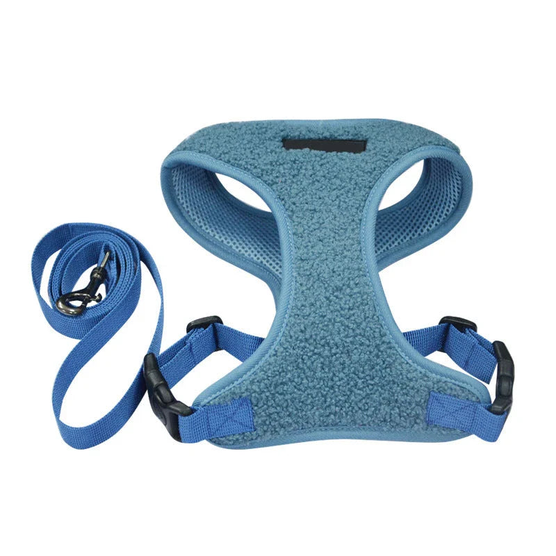 Adjustable breathable fleece dog harness and leash set in various sizes and colours