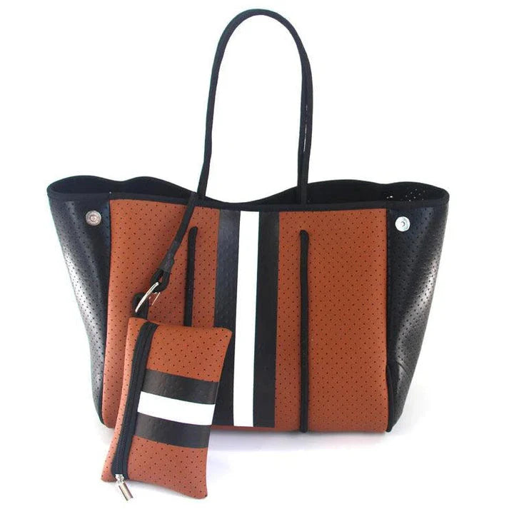 A neoprene beach bag in a stylish design, perfect for British summer adventures at the coast