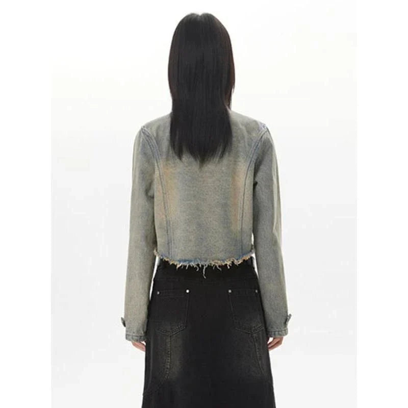 Retro Distressed Short Jacket with fur-trimmed sleeves, zipper closure, and chic O-neck design