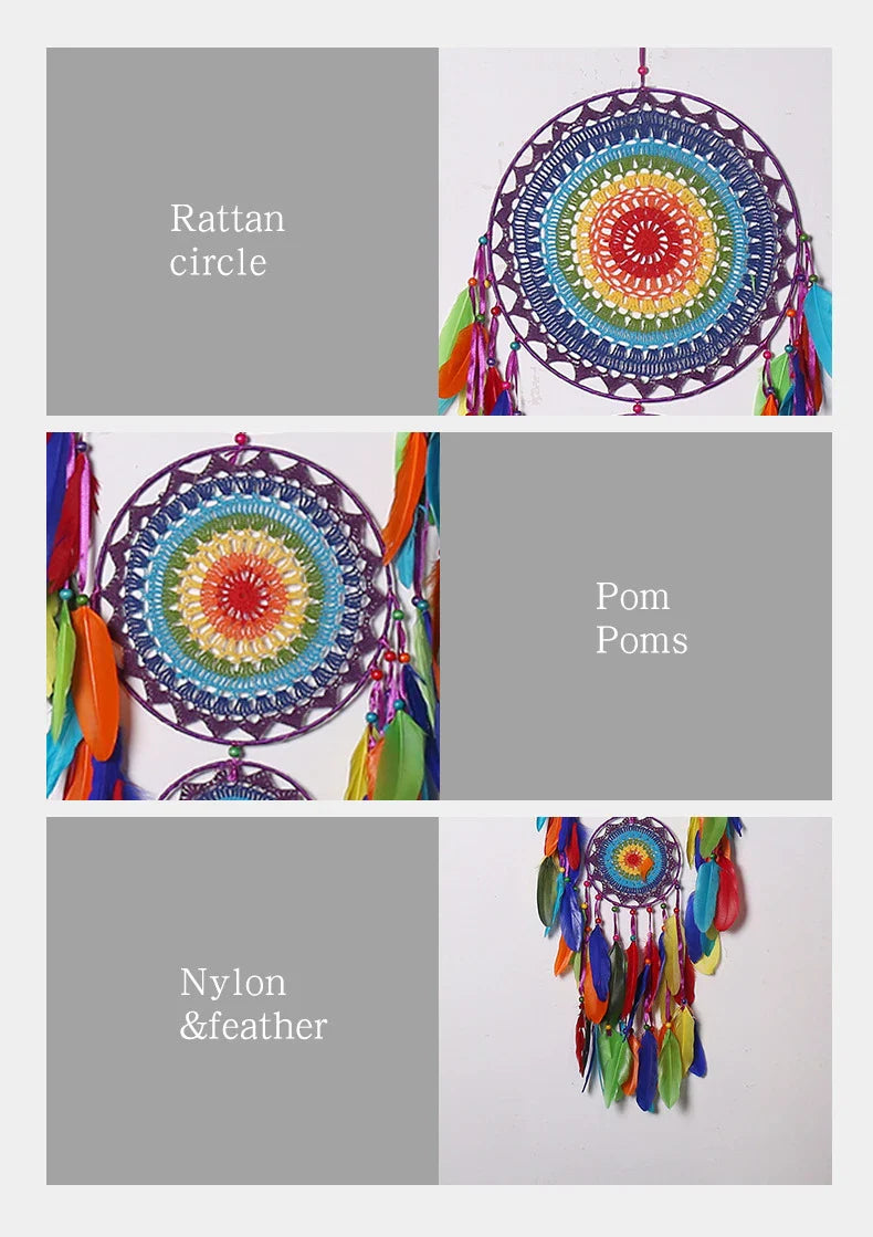 Colourful three-ring dreamcatcher wall hanging with feathers and beads, a unique and eye-catching home decor accent