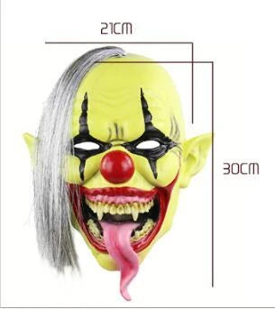 A chilling green-faced clown latex mask with a lifelike and unsettling expression, perfect for Halloween and Christmas festivities.